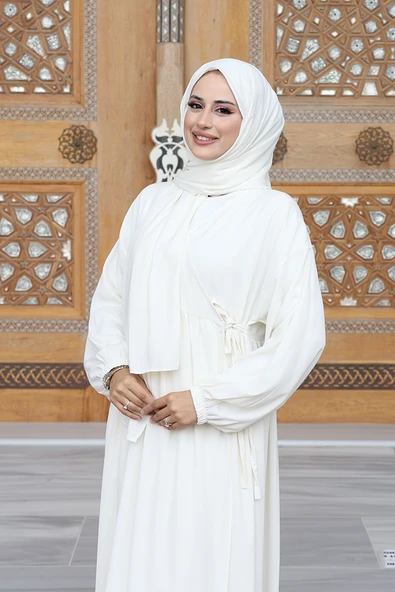 Şallı Kruvaze Namaz Elbisesi 6027 Ekru - 2