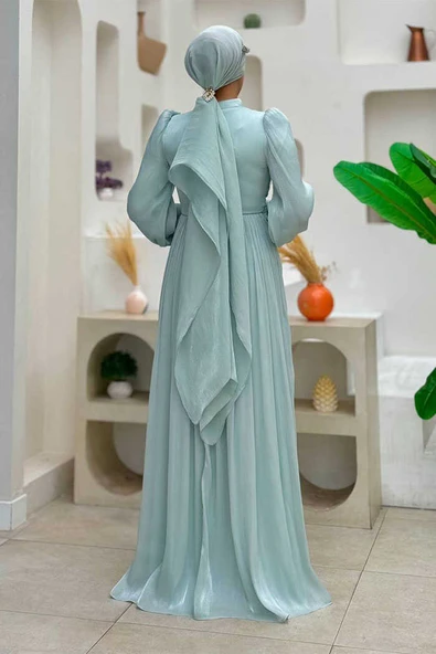 Balon Kol Pileli Abiye Elbise 7013 Mint - Resim 2