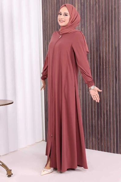 Fermuarlı Kol Manşetleri Büzgülü Mevlana Ferace 6007 Pudra - Resim 3