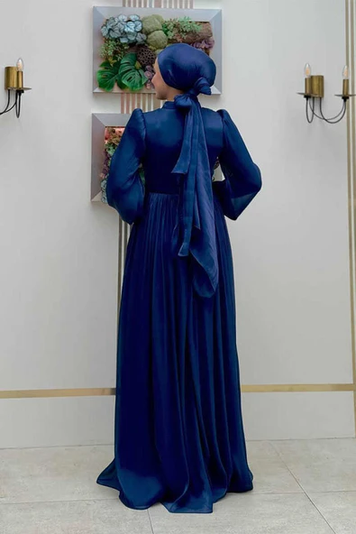 Balon Kol Pileli Abiye Elbise 7013 Lacivert - Resim 2