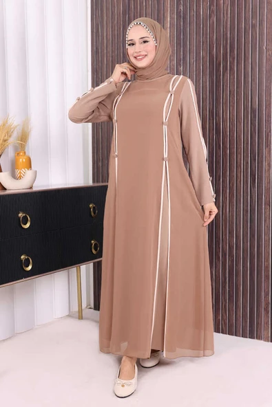 Düğme Detaylı Elbise 3919 Vizon ürün görseli 1