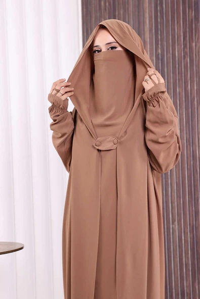 Kendinden Peçeli Sufleli Cilbab 6032 Vizon - Resim 4