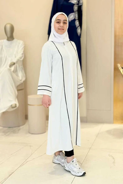 Fermuarlı Biyeli Çocuk Feracesi 6031 Ekru - Resim 3