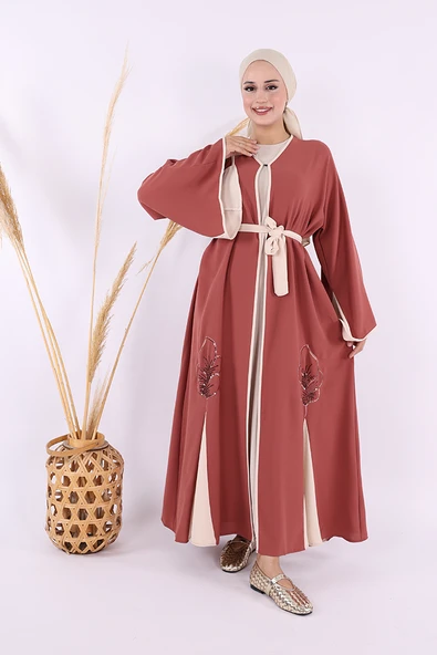 Nakış İşleme Detaylı Bel Kuşaklı Abaya 7901 Gül Kurusu