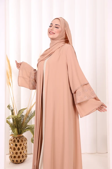 Taş Detaylı Şal ve Abaya İkili Takım 70001 Taba - 5