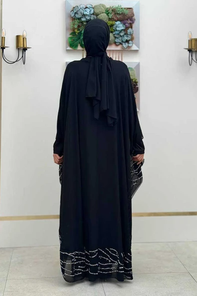 Taş Detaylı Abayalı Elbise Takım 3927 Siyah - Resim 2
