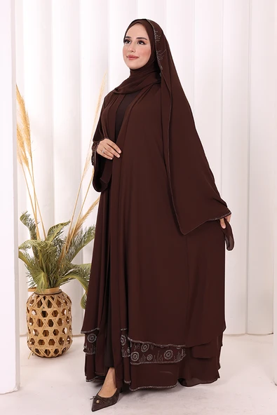 Taş Detaylı Şal ve Abaya İkili Takım 70001 Kahverengi - Resim 3