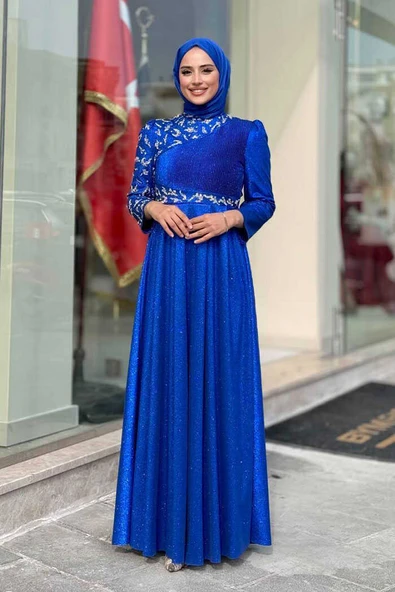 Simli Taş Detaylı Abiye 3934 Saks