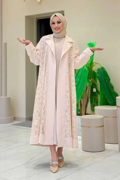 Yakalı Dantel Güpür Detay Abaya 7830 Taş