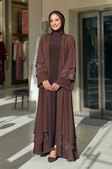 Taş Detaylı Şal ve Abaya İkili Takım 70001 Kahverengi