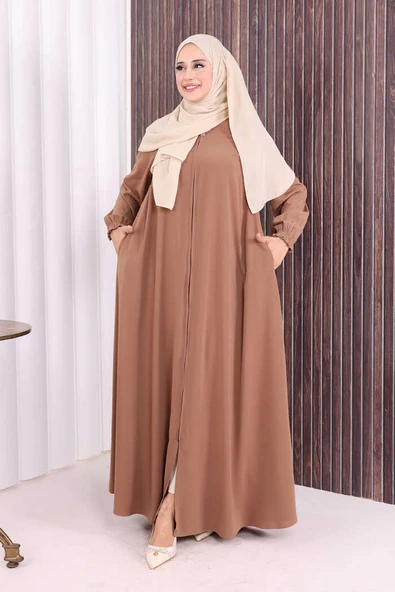 Fermuarlı Kol Manşetleri Büzgülü Mevlana Ferace 6007 Vizon ürün görseli