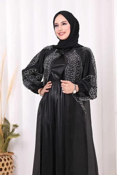 Taş Detaylı Elbise Abaya Takım 3943 Siyah - Resim 5