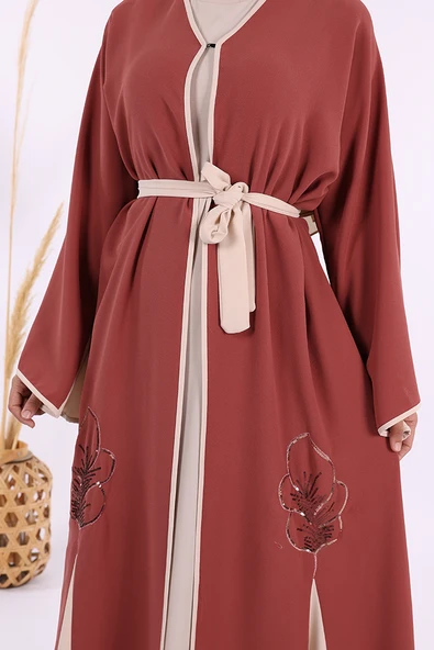 Nakış İşleme Detaylı Bel Kuşaklı Abaya 7901 Gül Kurusu - 6