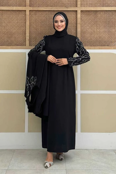 Taş Detaylı Yelekli Elbise Takım 3929 Siyah ürün görseli