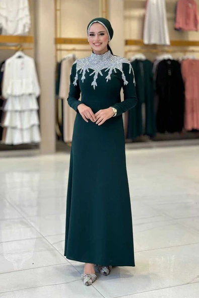 Taş Detaylı Abiye Elbise 3916 Zümrüt ürün görseli