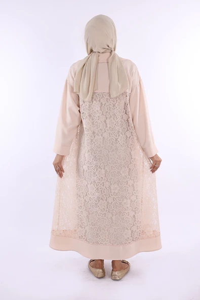 Yakalı Dantel Güpür Detay Abaya 7830 Taş - Resim 3