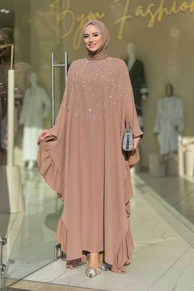 Fırfırlı Taş Detaylı Elbise 3936 Vizon ürün görseli 1