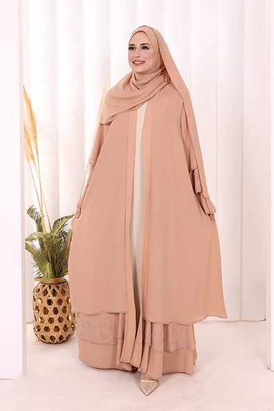 Taş Detaylı Şal ve Abaya İkili Takım 70001 Taba