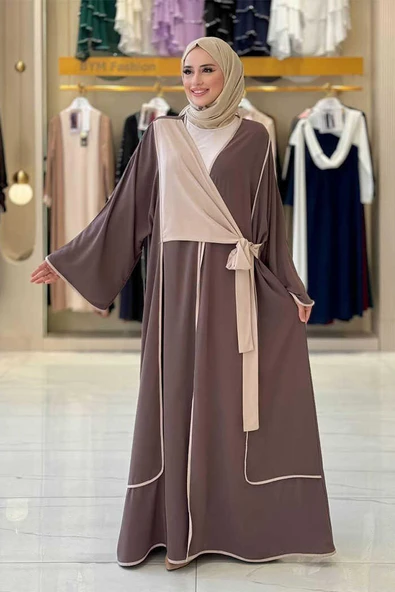Önden Bağlama Detaylı Abaya 70005 Kahverengi