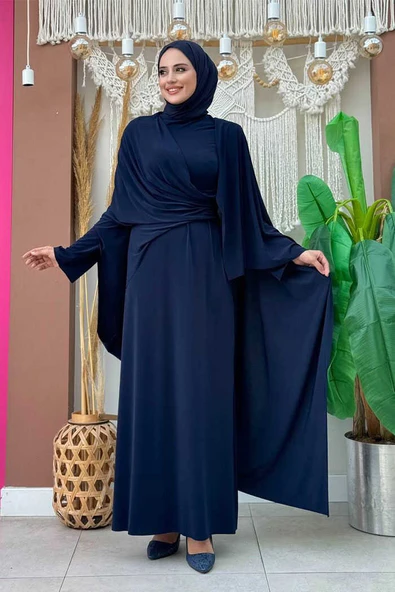Şallı Drape Detaylı Sandy Elbise 3922 Lacivert