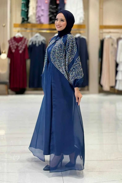 Taş Detaylı Elbise Abaya Takım 3943 Lacivert - Resim 3