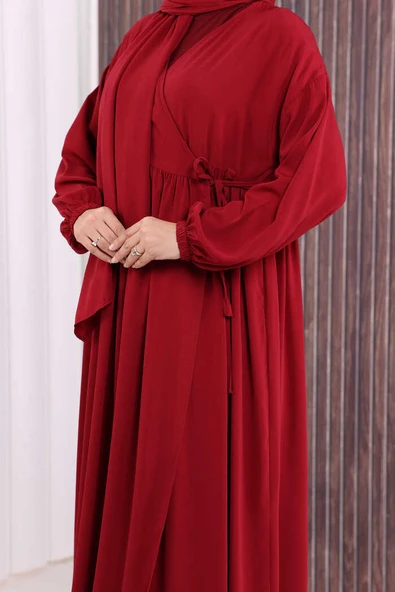 Şallı Kruvaze Namaz Elbisesi 6027 Bordo - Resim 6