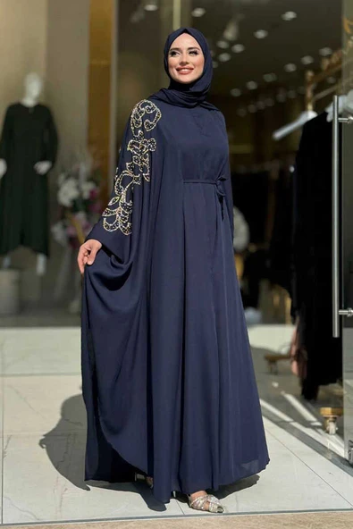 Taş Detay Pelerinli Elbise Takım 3939 Lacivert - 3