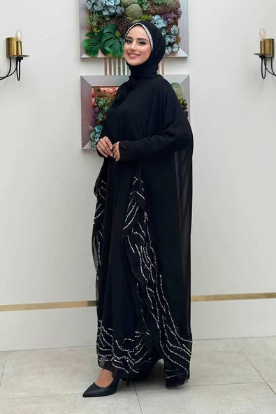 Taş Detaylı Abayalı Elbise Takım 3927 Siyah - Resim 3