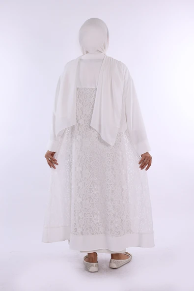 Yakalı Dantel Güpür Detay Abaya 7830 Ekru - Resim 2