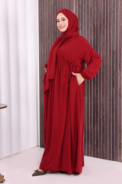 Şallı Kruvaze Namaz Elbisesi 6027 Bordo - Resim 3