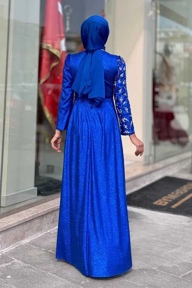 Simli Taş Detaylı Abiye 3934 Saks - Resim 2