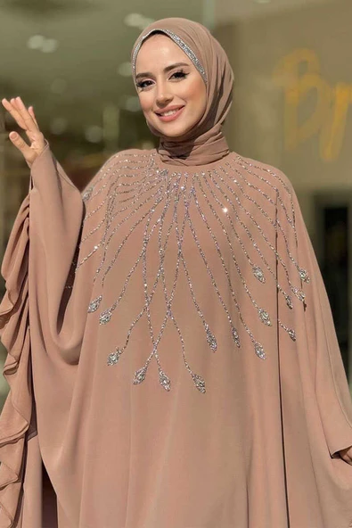 Fırfırlı Taş Detaylı Elbise 3936 Vizon - Resim 4