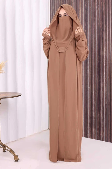 Kendinden Peçeli Sufleli Cilbab 6032 Vizon - Resim 3