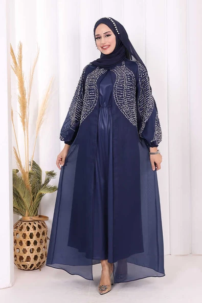 Taş Detaylı Elbise Abaya Takım 3943 Lacivert ürün görseli 1