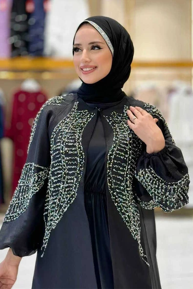 Taş Detaylı Elbise Abaya Takım 3943 Siyah - Resim 4