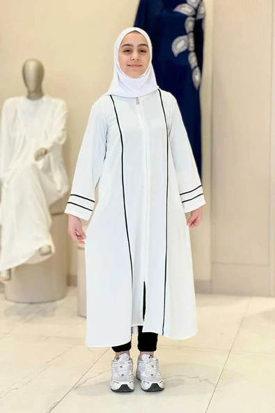 Fermuarlı Biyeli Çocuk Feracesi 6031 Ekru - Resim 4