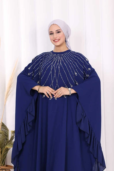 Fırfırlı Taş Detaylı Elbise 3936 Lacivert - Resim 5