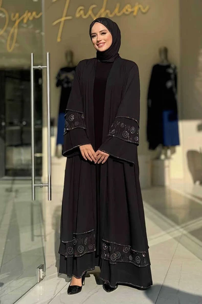 Taş Detaylı Şal ve Abaya İkili Takım 70001 Siyah
