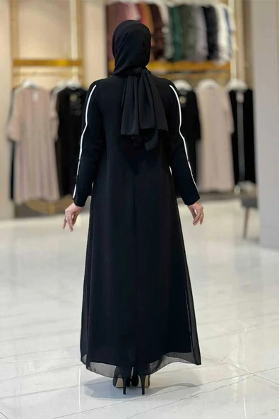 Büyük Beden Düğme Detaylı Elbise 3919-1 Siyah-Ekru - 2