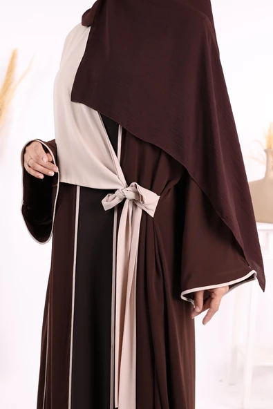 Önden Bağlama Detaylı Abaya 70005 Kahverengi - Resim 6