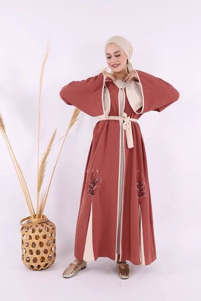 Nakış İşleme Detaylı Bel Kuşaklı Abaya 7901 Gül Kurusu - 2