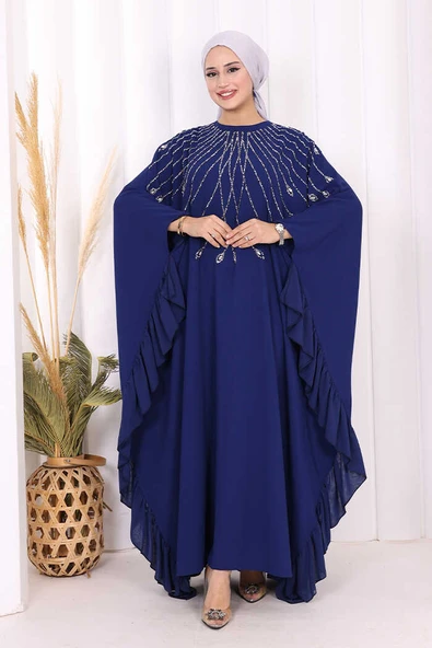 Fırfırlı Taş Detaylı Elbise 3936 Lacivert - Resim 2