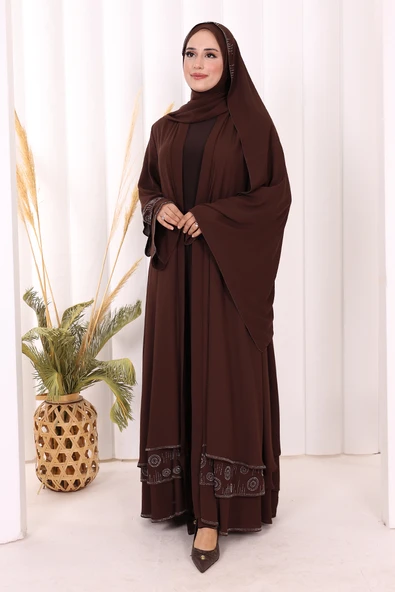 Taş Detaylı Şal ve Abaya İkili Takım 70001 Kahverengi - Resim 2