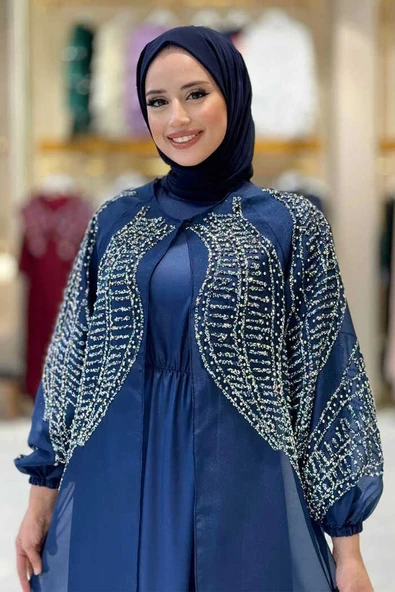 Taş Detaylı Elbise Abaya Takım 3943 Lacivert - Resim 4