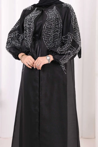 Taş Detaylı Elbise Abaya Takım 3943 Siyah - Resim 6