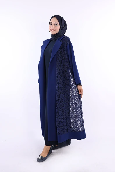 Yakalı Dantel Güpür Detay Abaya 7830 Lacivert - Resim 2