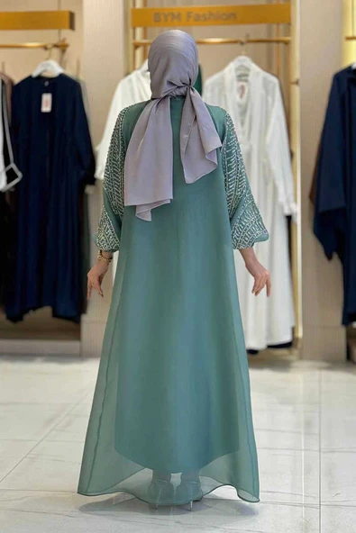 Taş Detaylı Elbise Abaya Takım 3943 Mint - Resim 2