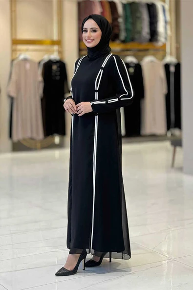 Büyük Beden Düğme Detaylı Elbise 3919-1 Siyah-Ekru - 3