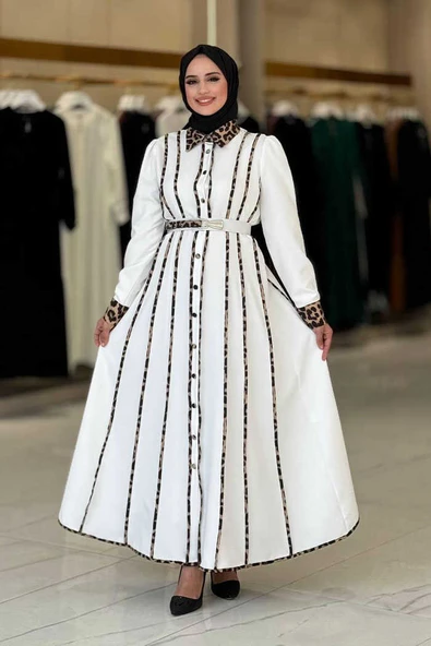 Leopar Biyeli Kemerli Elbise 3930 Ekru