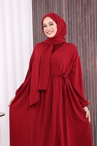 Şallı Kruvaze Namaz Elbisesi 6027 Bordo - Resim 5